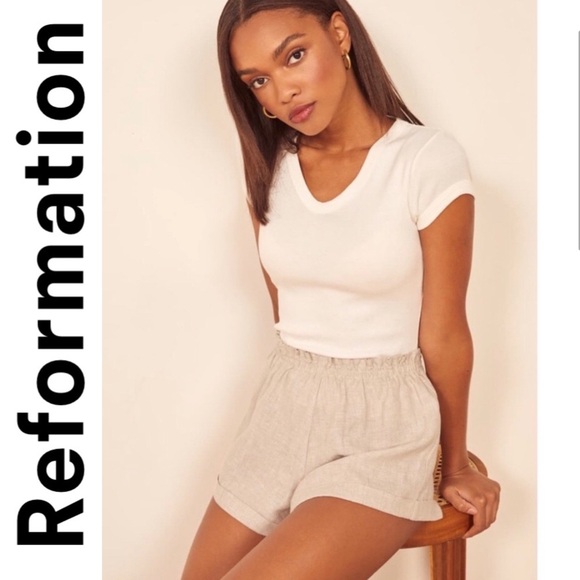 Reformation 100% Linen Sawyer Shorts in Sand XS High Rise Cuffed Boho Minimalist - Picture 3 of 16